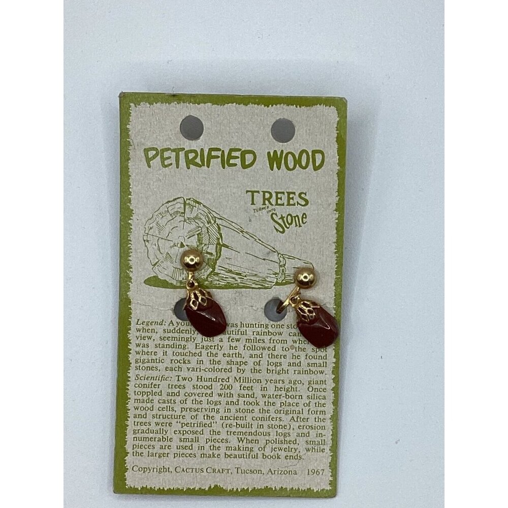 1967 Petrified Wood Clip Earrings Handcrafted Cactus Craft-NOS